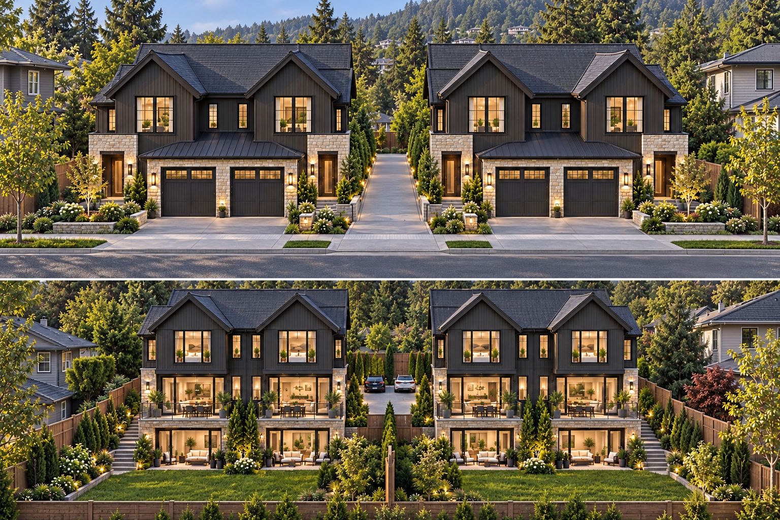 Proposed Jefferson future build concept: front and rear views of two paired half-duplex buildings with shared central access, landscaped yards and no ocean view